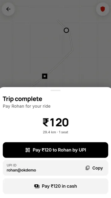 Trip complete: pay ₹120 to the driver by UPI or in cash.